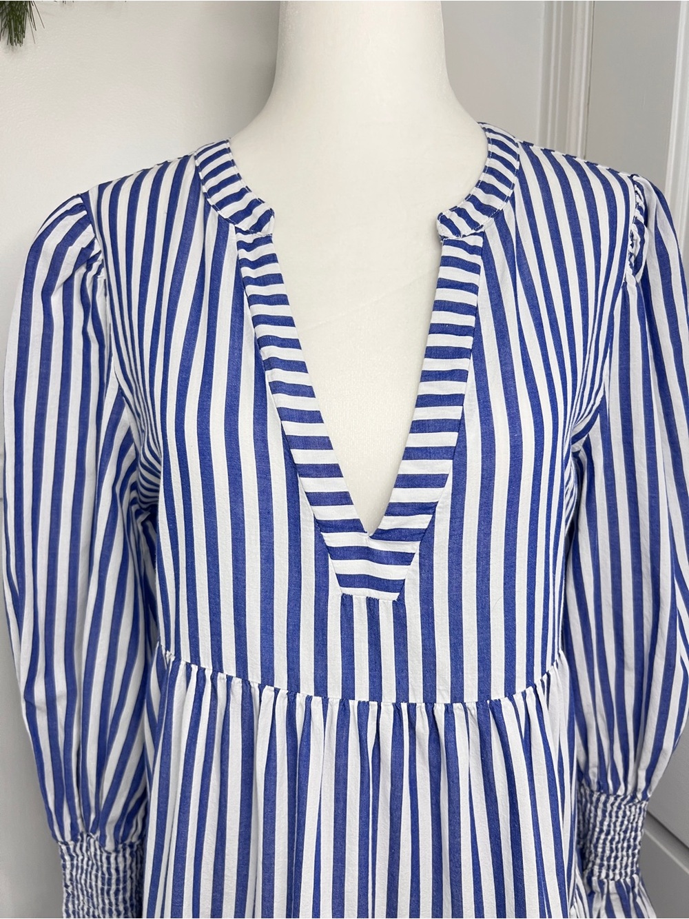 Pomander Place Kenzo Blue and White Stripe Cotton Poplin Tiered Mini Dress - Picture 3 of 13